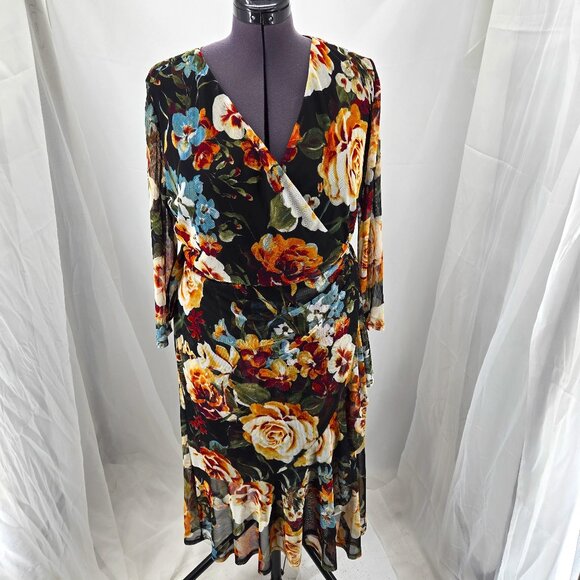 725-14 Connected Apparel Elegant Floral Mesh Faux Wrap dress Size 18W - Picture 1 of 9